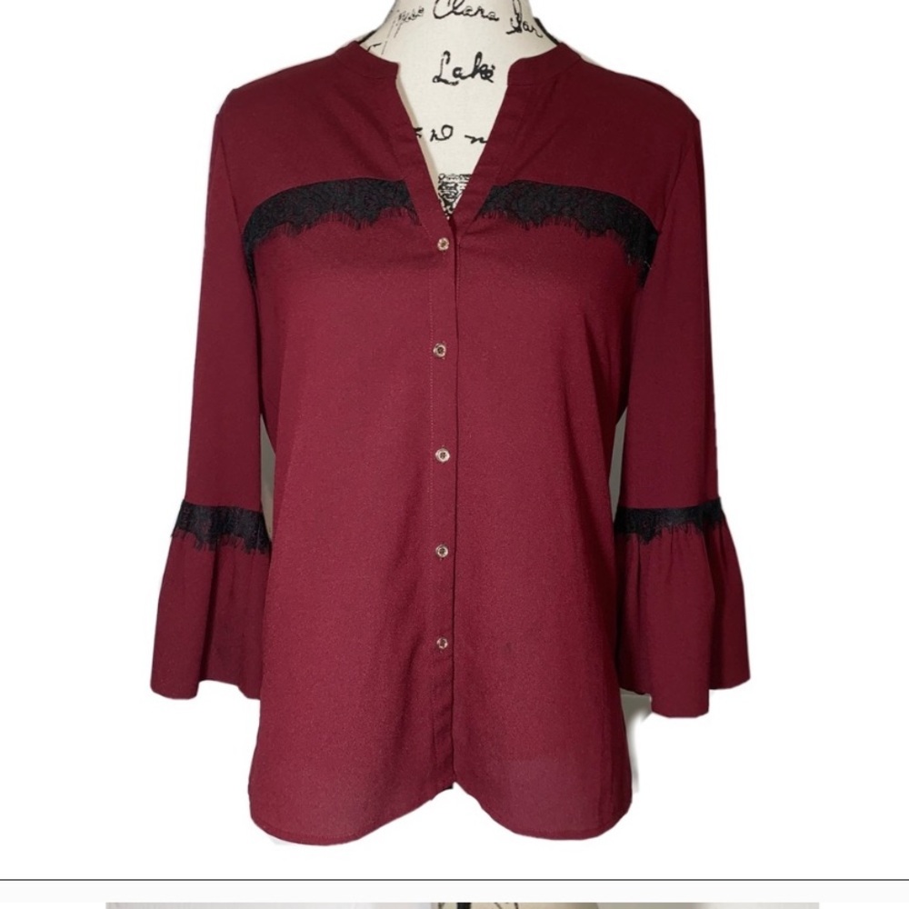 Karl Lagerfeld red blouse with bell sleeves & lace size medium